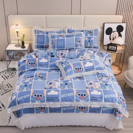 2023新款迪士尼纯棉床上四件套全棉儿童宿舍夹棉雪纺印花床盖蓝色史迪奇