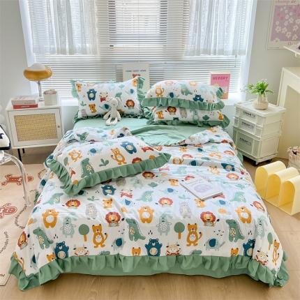 91家纺网 家纺一手货源 找家纺 2025新款吾欢心糯小棉韩版花边夏被四件套 动物世界