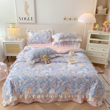 91家纺网 家纺一手货源 找家纺 2025新款吾欢心糯小棉韩版花边夏被四件套 花仙子