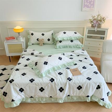 91家纺网 家纺一手货源 找家纺 2025新款吾欢心糯小棉韩版花边夏被四件套 四叶草