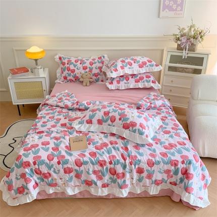 2025新款吾欢心糯小棉韩版花边夏被四件套 鲜花兔兔