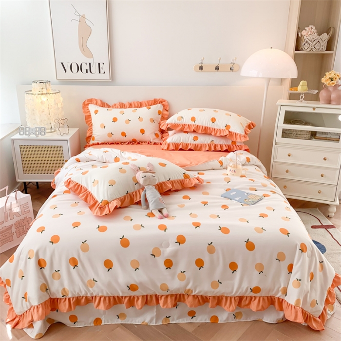 91家纺网 家纺一手货源 找家纺 2025新款吾欢心糯小棉韩版花边夏被四件套 小柑橘