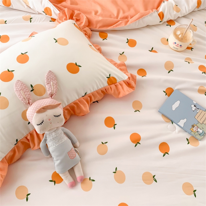 91家纺网 家纺一手货源 找家纺 2025新款吾欢心糯小棉韩版花边夏被四件套 小柑橘