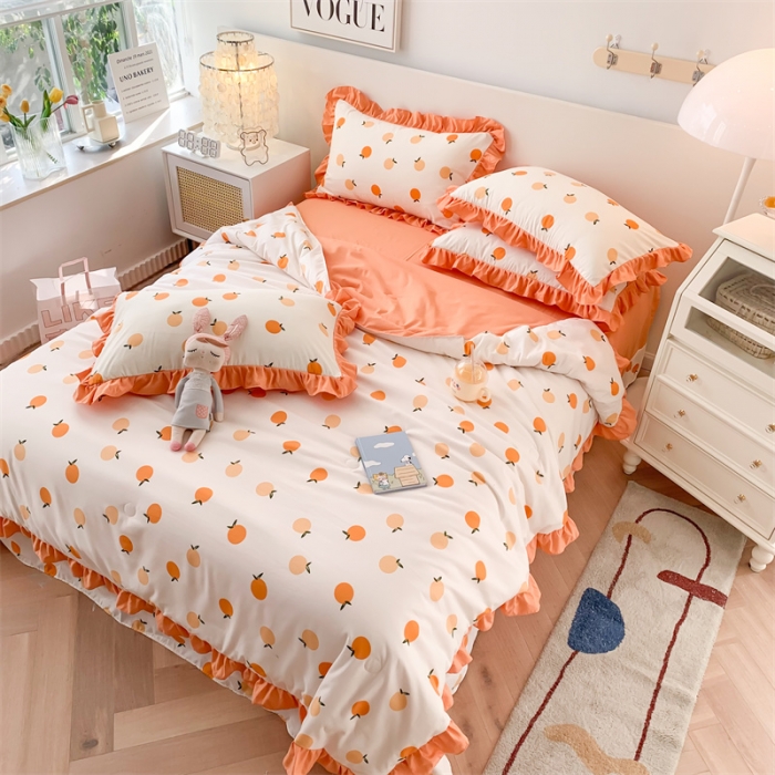 91家纺网 家纺一手货源 找家纺 2025新款吾欢心糯小棉韩版花边夏被四件套 小柑橘