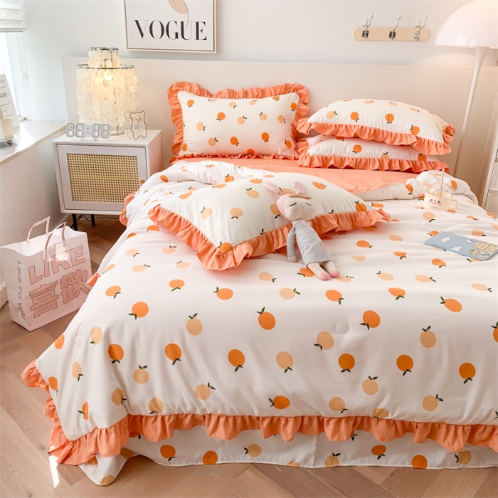 91家纺网 家纺一手货源 找家纺 2025新款吾欢心糯小棉韩版花边夏被四件套 小柑橘