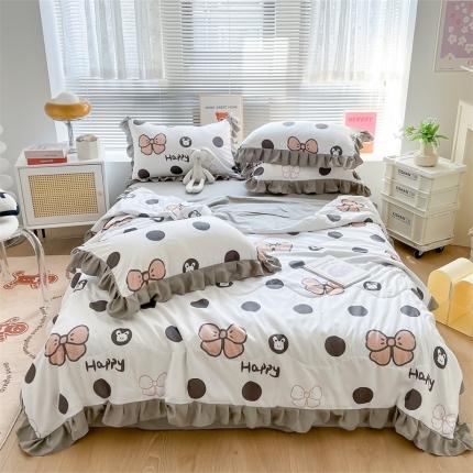 2025新款吾欢心糯小棉韩版花边夏被四件套 波点蝴蝶结灰