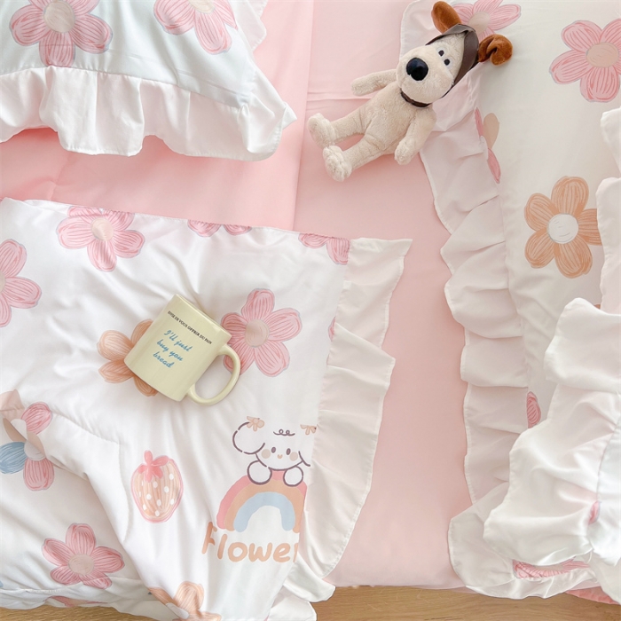 91家纺网 家纺一手货源 找家纺 2025新款吾欢心糯小棉韩版花边夏被四件套 彩虹乐园