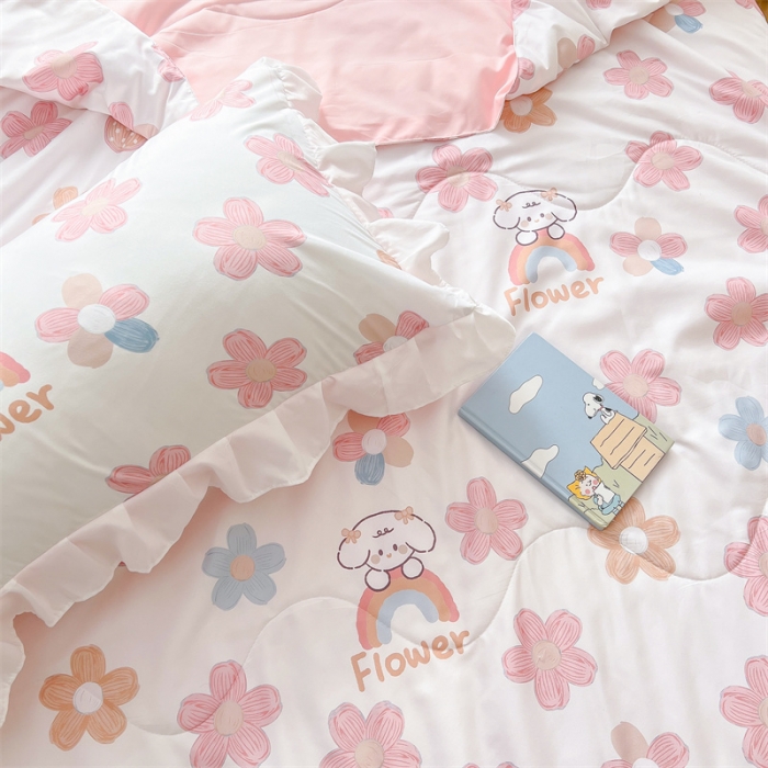 91家纺网 家纺一手货源 找家纺 2025新款吾欢心糯小棉韩版花边夏被四件套 彩虹乐园