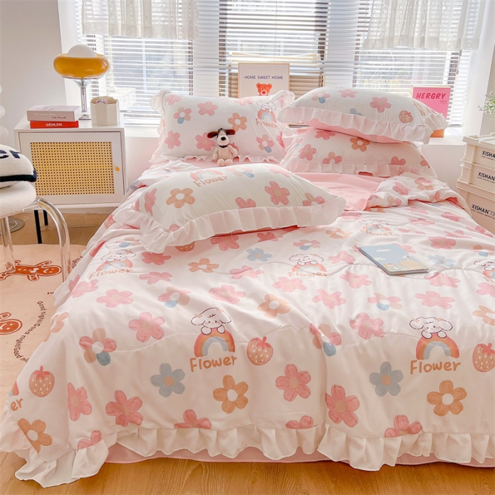 91家纺网 家纺一手货源 找家纺 2025新款吾欢心糯小棉韩版花边夏被四件套 彩虹乐园