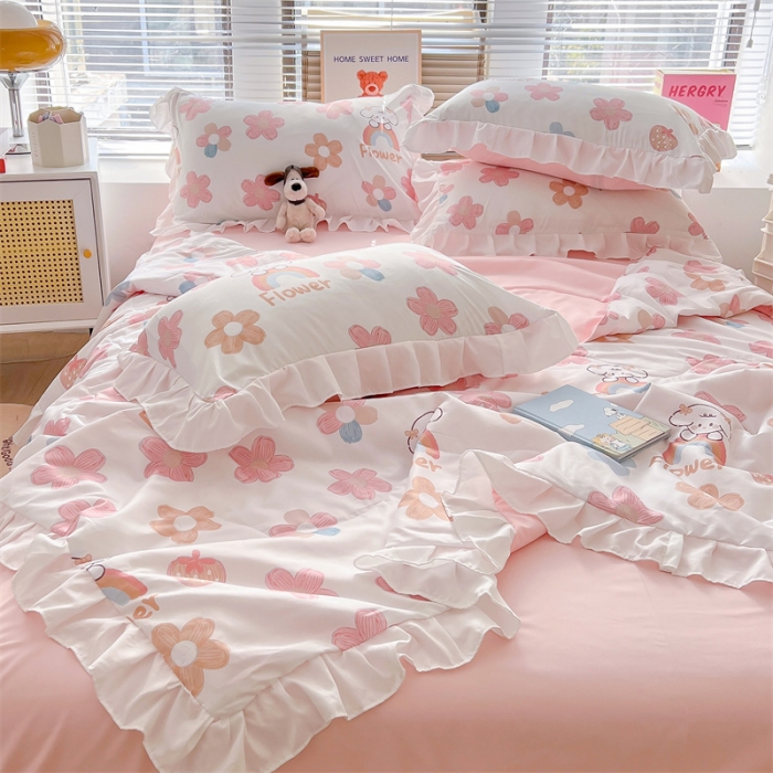 91家纺网 家纺一手货源 找家纺 2025新款吾欢心糯小棉韩版花边夏被四件套 彩虹乐园