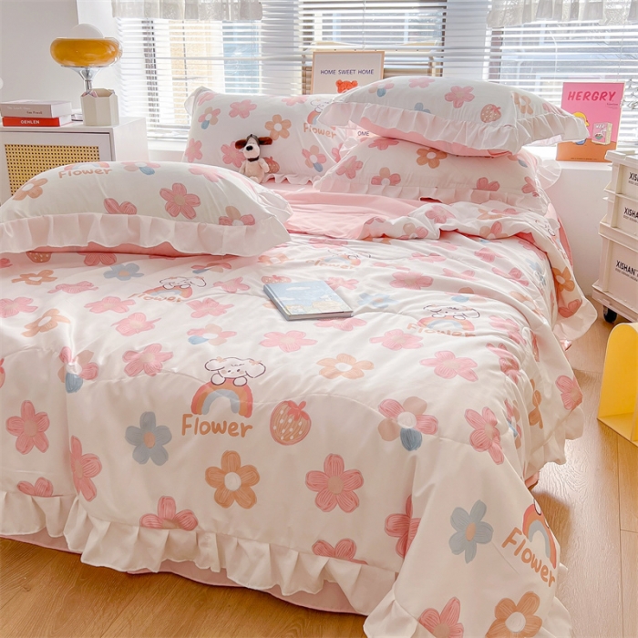 91家纺网 家纺一手货源 找家纺 2025新款吾欢心糯小棉韩版花边夏被四件套 彩虹乐园