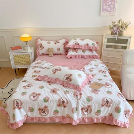 2025新款吾欢心糯小棉韩版花边夏被四件套 草莓熊