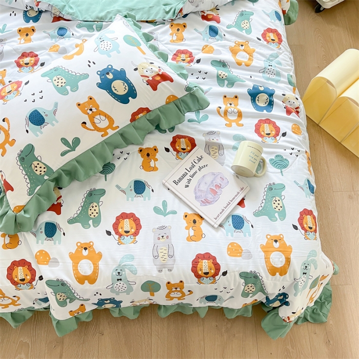 91家纺网 家纺一手货源 找家纺 2025新款吾欢心糯小棉韩版花边夏被四件套 动物世界