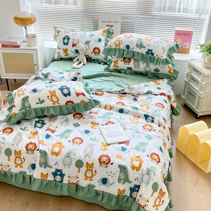 91家纺网 家纺一手货源 找家纺 2025新款吾欢心糯小棉韩版花边夏被四件套 动物世界