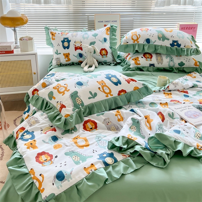 91家纺网 家纺一手货源 找家纺 2025新款吾欢心糯小棉韩版花边夏被四件套 动物世界