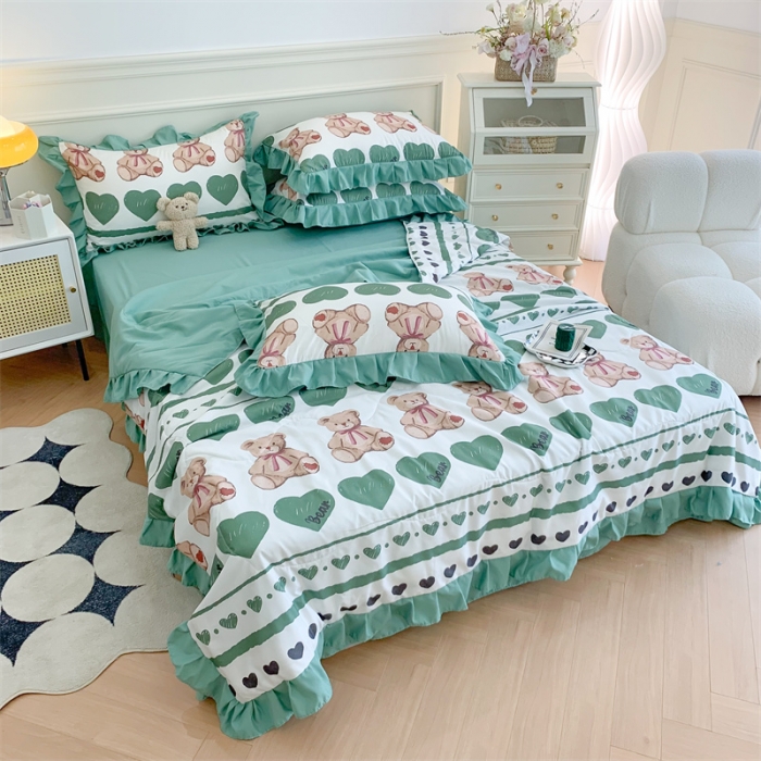 91家纺网 家纺一手货源 找家纺 2025新款吾欢心糯小棉韩版花边夏被四件套 芬迪熊