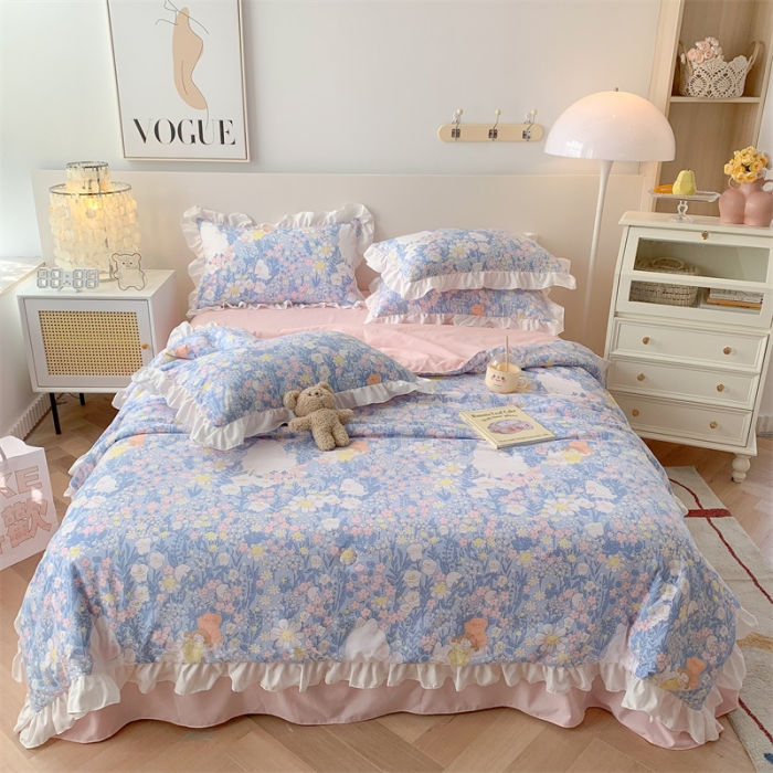 91家纺网 家纺一手货源 找家纺 2025新款吾欢心糯小棉韩版花边夏被四件套 花仙子