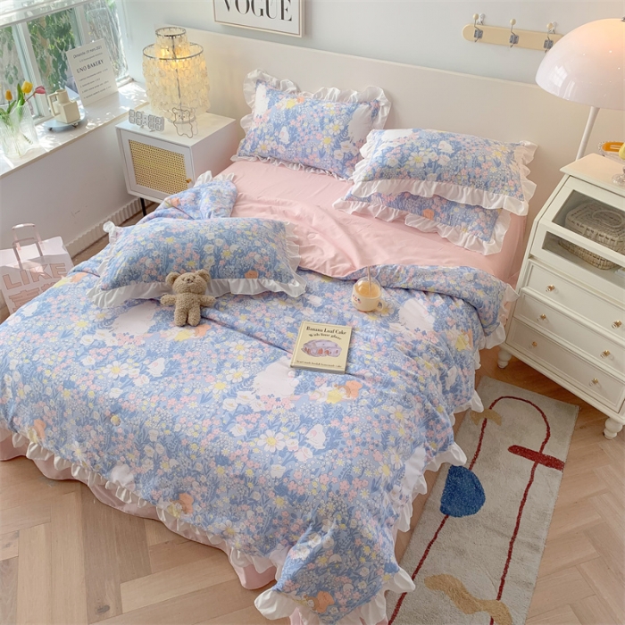 91家纺网 家纺一手货源 找家纺 2025新款吾欢心糯小棉韩版花边夏被四件套 花仙子