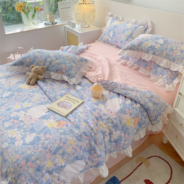 91家纺网 家纺一手货源 找家纺 2025新款吾欢心糯小棉韩版花边夏被四件套 花仙子