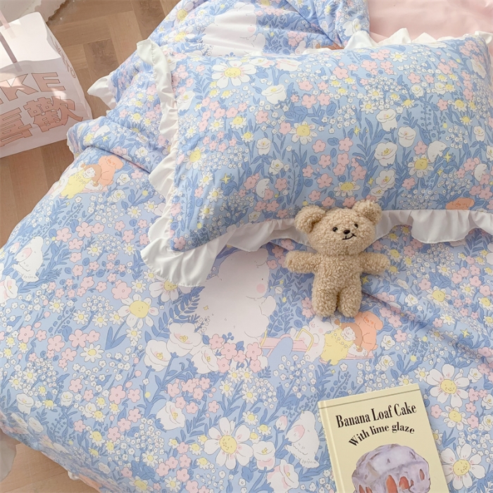 91家纺网 家纺一手货源 找家纺 2025新款吾欢心糯小棉韩版花边夏被四件套 花仙子