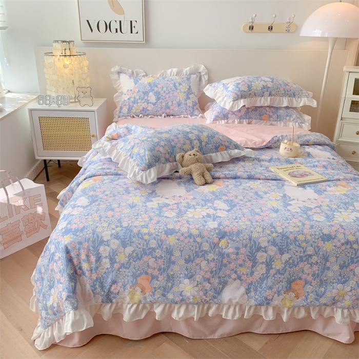 91家纺网 家纺一手货源 找家纺 2025新款吾欢心糯小棉韩版花边夏被四件套 花仙子