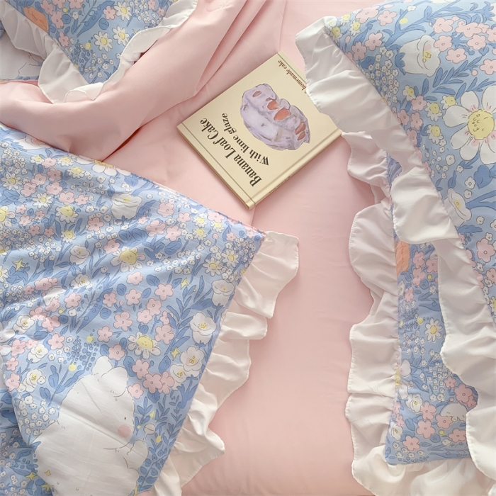 91家纺网 家纺一手货源 找家纺 2025新款吾欢心糯小棉韩版花边夏被四件套 花仙子