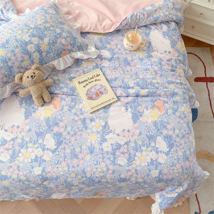 91家纺网 家纺一手货源 找家纺 2025新款吾欢心糯小棉韩版花边夏被四件套 花仙子