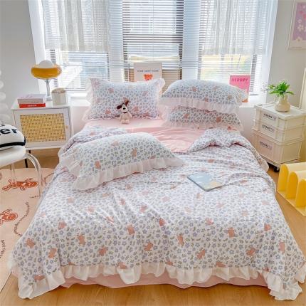2025新款吾欢心糯小棉韩版花边夏被四件套 花园兔
