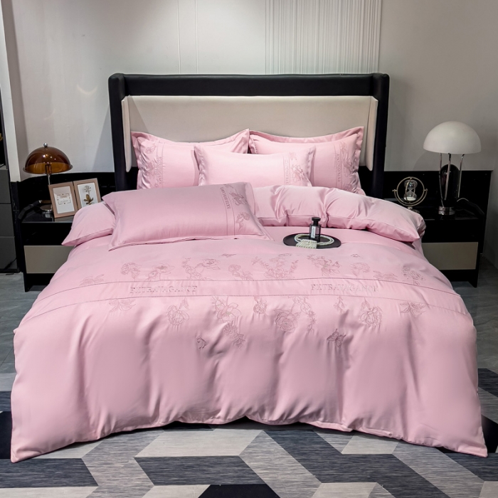 91家纺网 家纺一手货源 找家纺 靓生活 2023新款纯色轻奢水洗磨毛绣花四件套-爱情玫瑰 爱情玫瑰-粉色