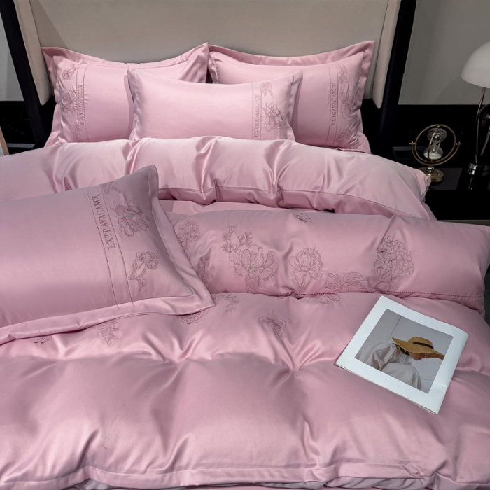 91家纺网 家纺一手货源 找家纺 靓生活 2023新款纯色轻奢水洗磨毛绣花四件套-爱情玫瑰 爱情玫瑰-粉色