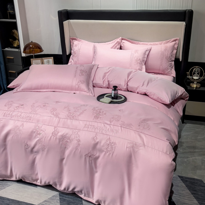 91家纺网 家纺一手货源 找家纺 靓生活 2023新款纯色轻奢水洗磨毛绣花四件套-爱情玫瑰 爱情玫瑰-粉色