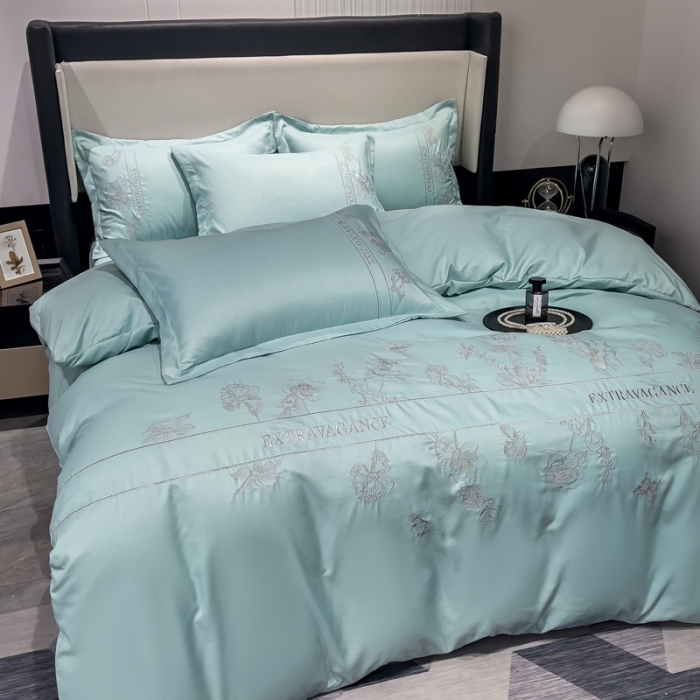 91家纺网 家纺一手货源 找家纺 靓生活 2023新款纯色轻奢水洗磨毛绣花四件套-爱情玫瑰 爱情玫瑰-浅绿