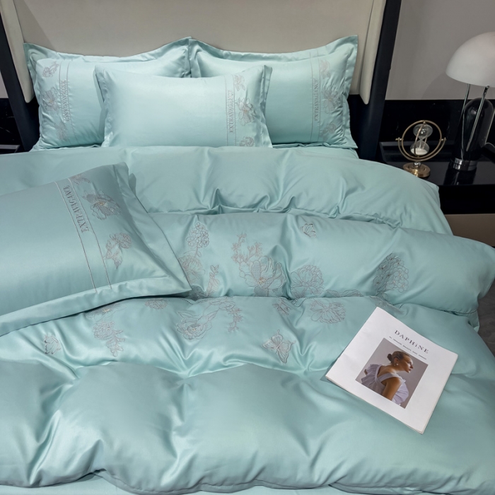 91家纺网 家纺一手货源 找家纺 靓生活 2023新款纯色轻奢水洗磨毛绣花四件套-爱情玫瑰 爱情玫瑰-浅绿