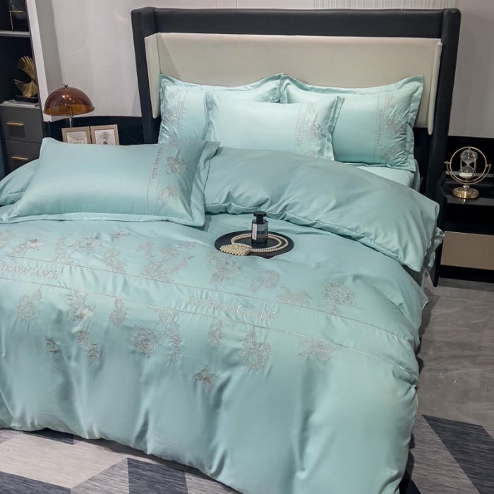 91家纺网 家纺一手货源 找家纺 靓生活 2023新款纯色轻奢水洗磨毛绣花四件套-爱情玫瑰 爱情玫瑰-浅绿