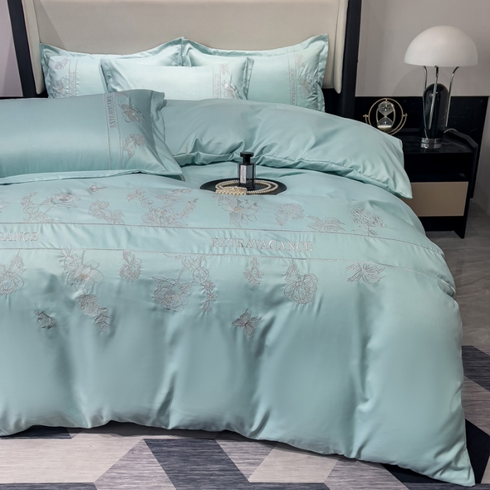 91家纺网 家纺一手货源 找家纺 靓生活 2023新款纯色轻奢水洗磨毛绣花四件套-爱情玫瑰 爱情玫瑰-浅绿