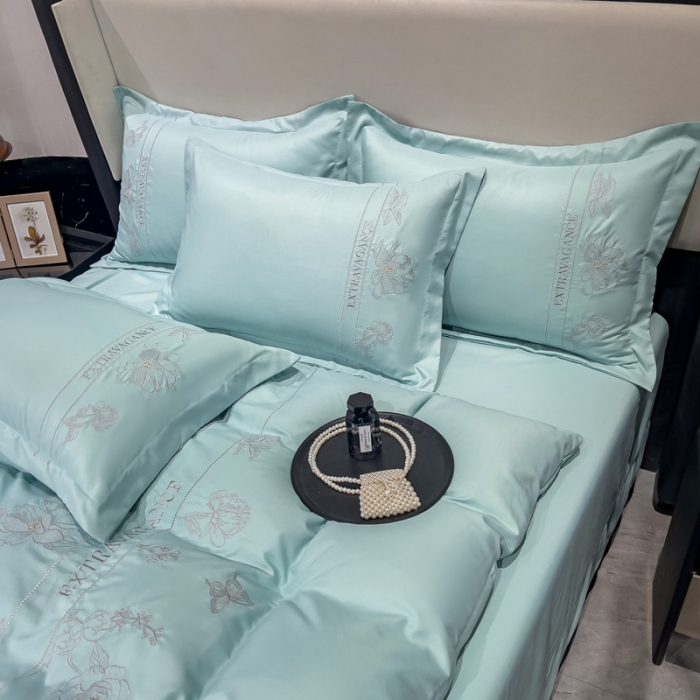 91家纺网 家纺一手货源 找家纺 靓生活 2023新款纯色轻奢水洗磨毛绣花四件套-爱情玫瑰 爱情玫瑰-浅绿