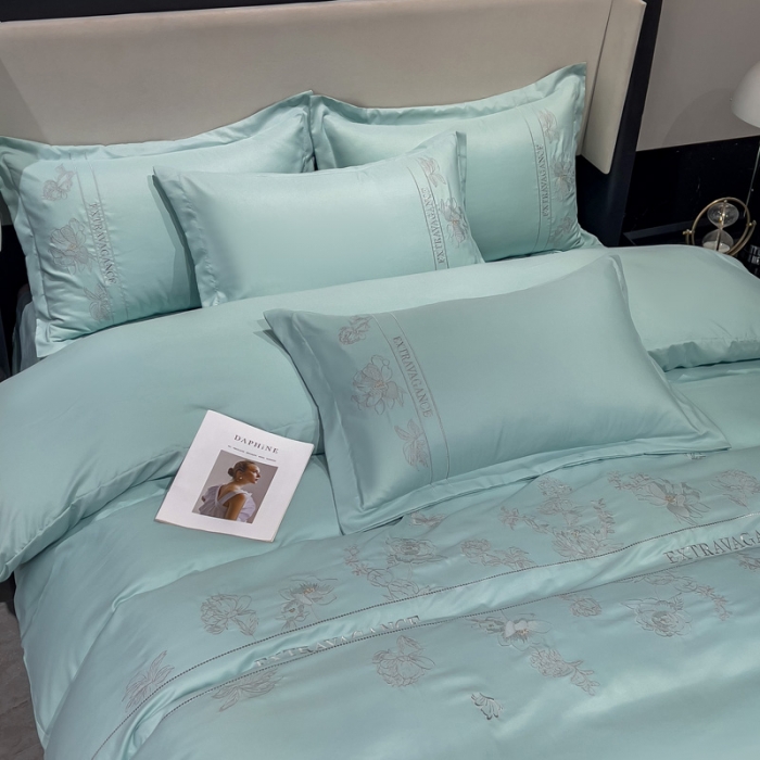 91家纺网 家纺一手货源 找家纺 靓生活 2023新款纯色轻奢水洗磨毛绣花四件套-爱情玫瑰 爱情玫瑰-浅绿