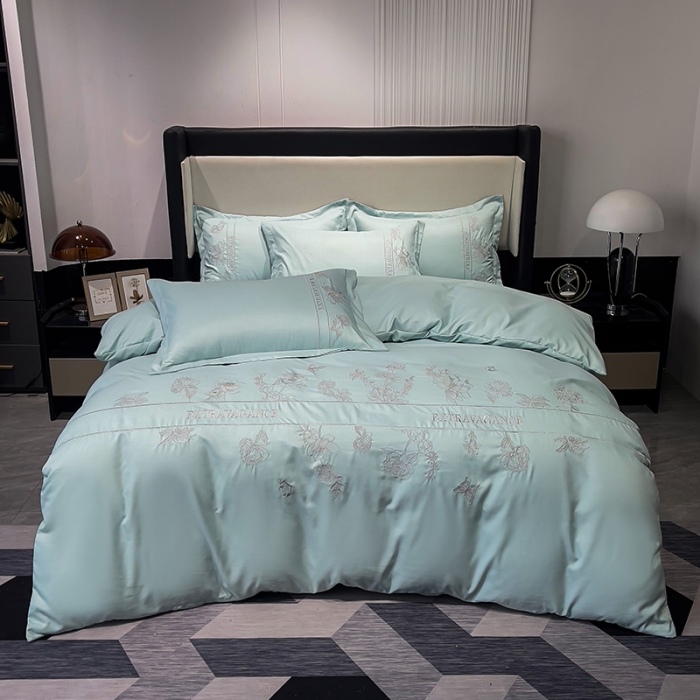 91家纺网 家纺一手货源 找家纺 靓生活 2023新款纯色轻奢水洗磨毛绣花四件套-爱情玫瑰 爱情玫瑰-浅绿