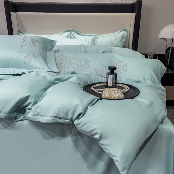 91家纺网 家纺一手货源 找家纺 靓生活 2023新款纯色轻奢水洗磨毛绣花四件套-爱情玫瑰 爱情玫瑰-浅绿