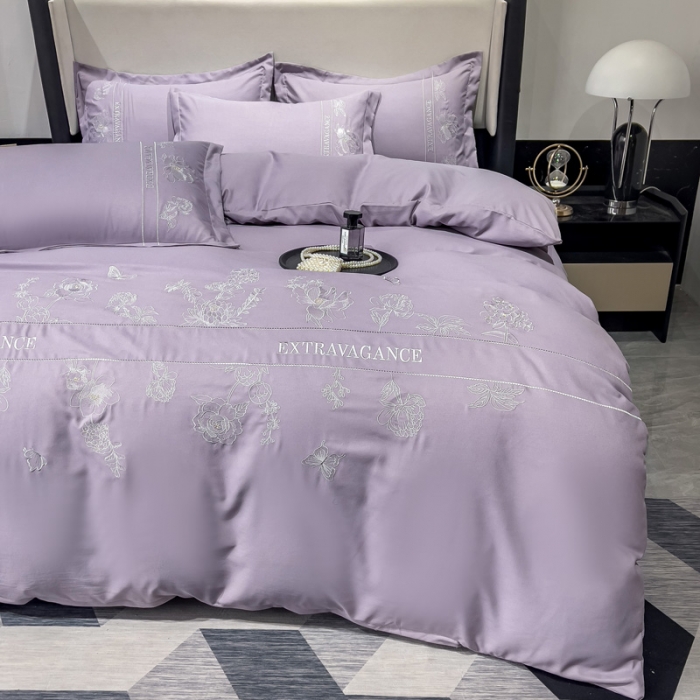 91家纺网 家纺一手货源 找家纺 靓生活 2023新款纯色轻奢水洗磨毛绣花四件套-爱情玫瑰 爱情玫瑰-浅紫