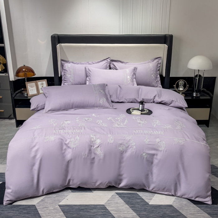 91家纺网 家纺一手货源 找家纺 靓生活 2023新款纯色轻奢水洗磨毛绣花四件套-爱情玫瑰 爱情玫瑰-浅紫