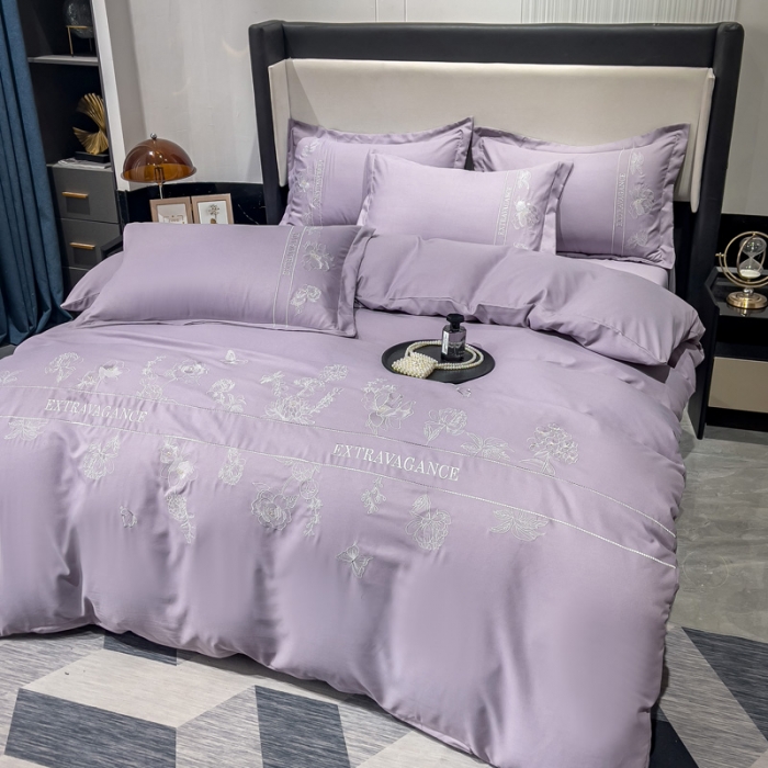 91家纺网 家纺一手货源 找家纺 靓生活 2023新款纯色轻奢水洗磨毛绣花四件套-爱情玫瑰 爱情玫瑰-浅紫