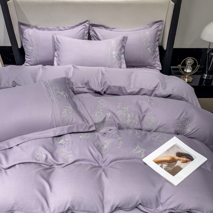 91家纺网 家纺一手货源 找家纺 靓生活 2023新款纯色轻奢水洗磨毛绣花四件套-爱情玫瑰 爱情玫瑰-浅紫