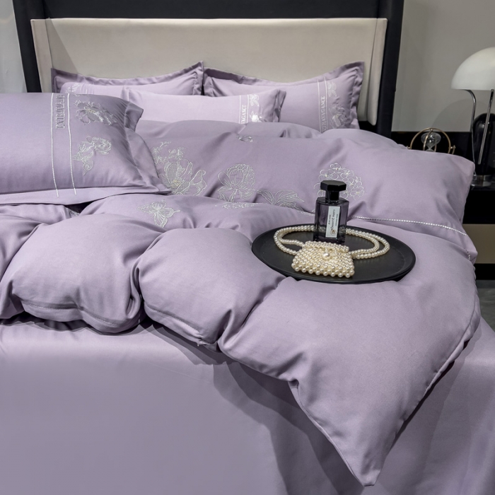 91家纺网 家纺一手货源 找家纺 靓生活 2023新款纯色轻奢水洗磨毛绣花四件套-爱情玫瑰 爱情玫瑰-浅紫
