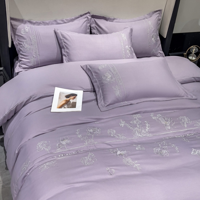 91家纺网 家纺一手货源 找家纺 靓生活 2023新款纯色轻奢水洗磨毛绣花四件套-爱情玫瑰 爱情玫瑰-浅紫