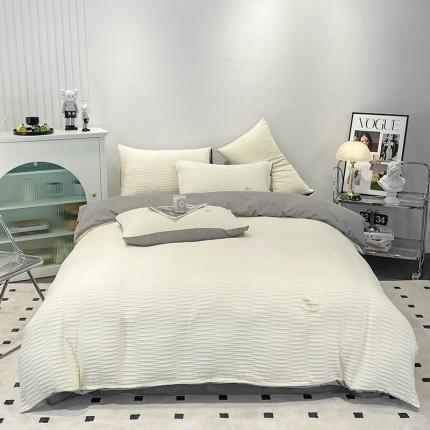 91家纺网 家纺一手货源 找家纺 红日子 2023新款韩版泡泡纱提花水洗棉纯色四件套 泡泡纱-奶油黄