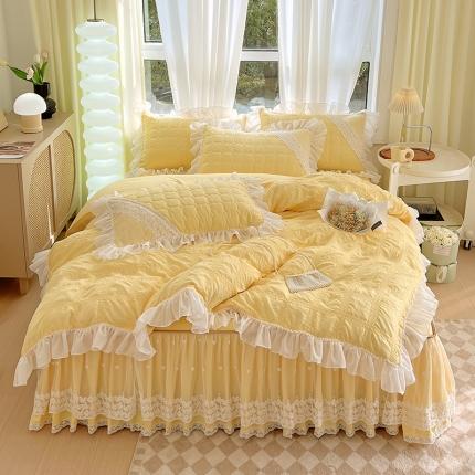 91家纺网 家纺一手货源 找家纺 罗艺轩 2024新款 泡泡纱夹棉床裙白雪公主系列四件套 柠檬黄