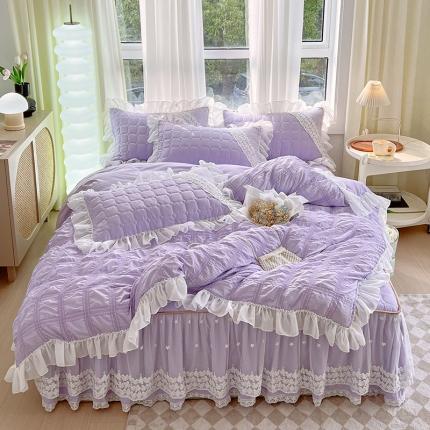 罗艺轩 2024新款 泡泡纱夹棉床裙白雪公主系列四件套 丁香紫