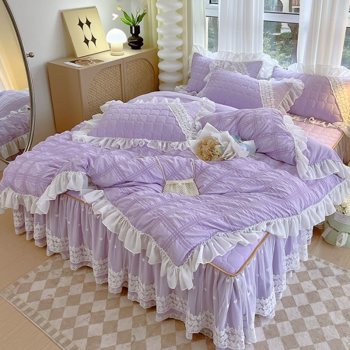 91家纺网 家纺一手货源 找家纺 罗艺轩 2024新款 泡泡纱夹棉床裙白雪公主系列四件套 丁香紫