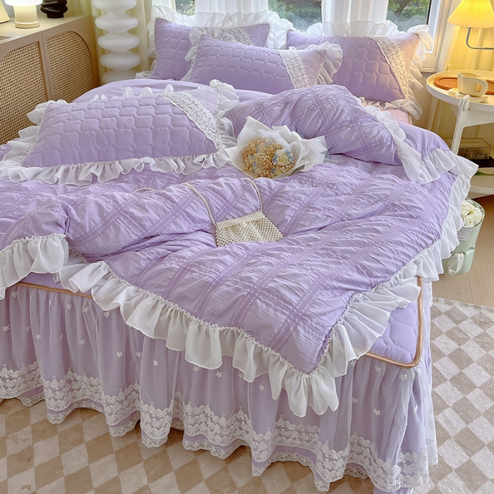 91家纺网 家纺一手货源 找家纺 罗艺轩 2024新款 泡泡纱夹棉床裙白雪公主系列四件套 丁香紫